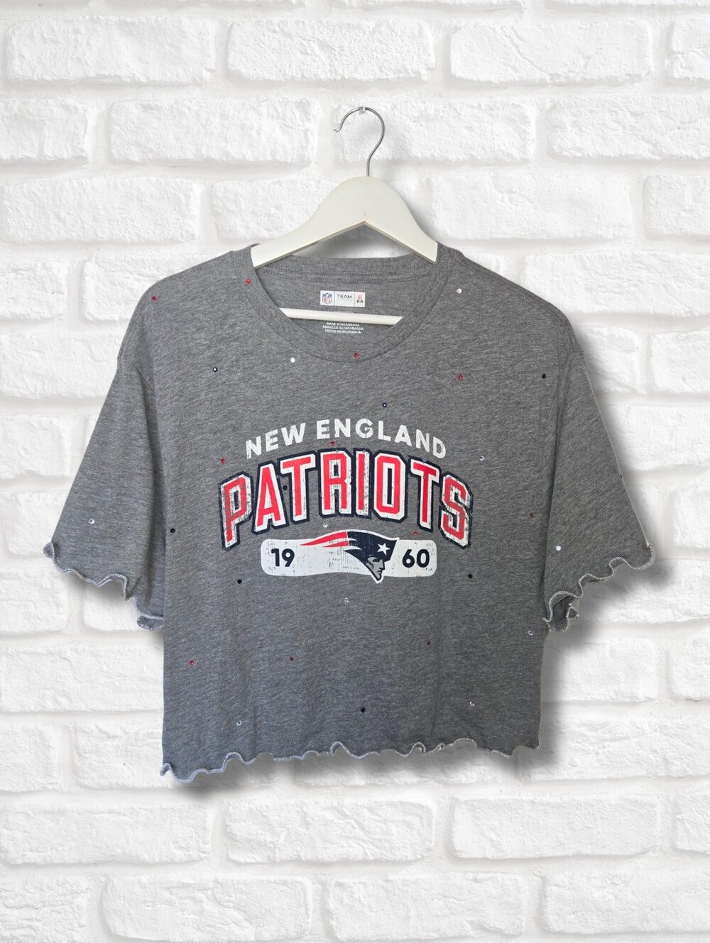 New England Patriots Ruffle Crop Top W/Rhinestones